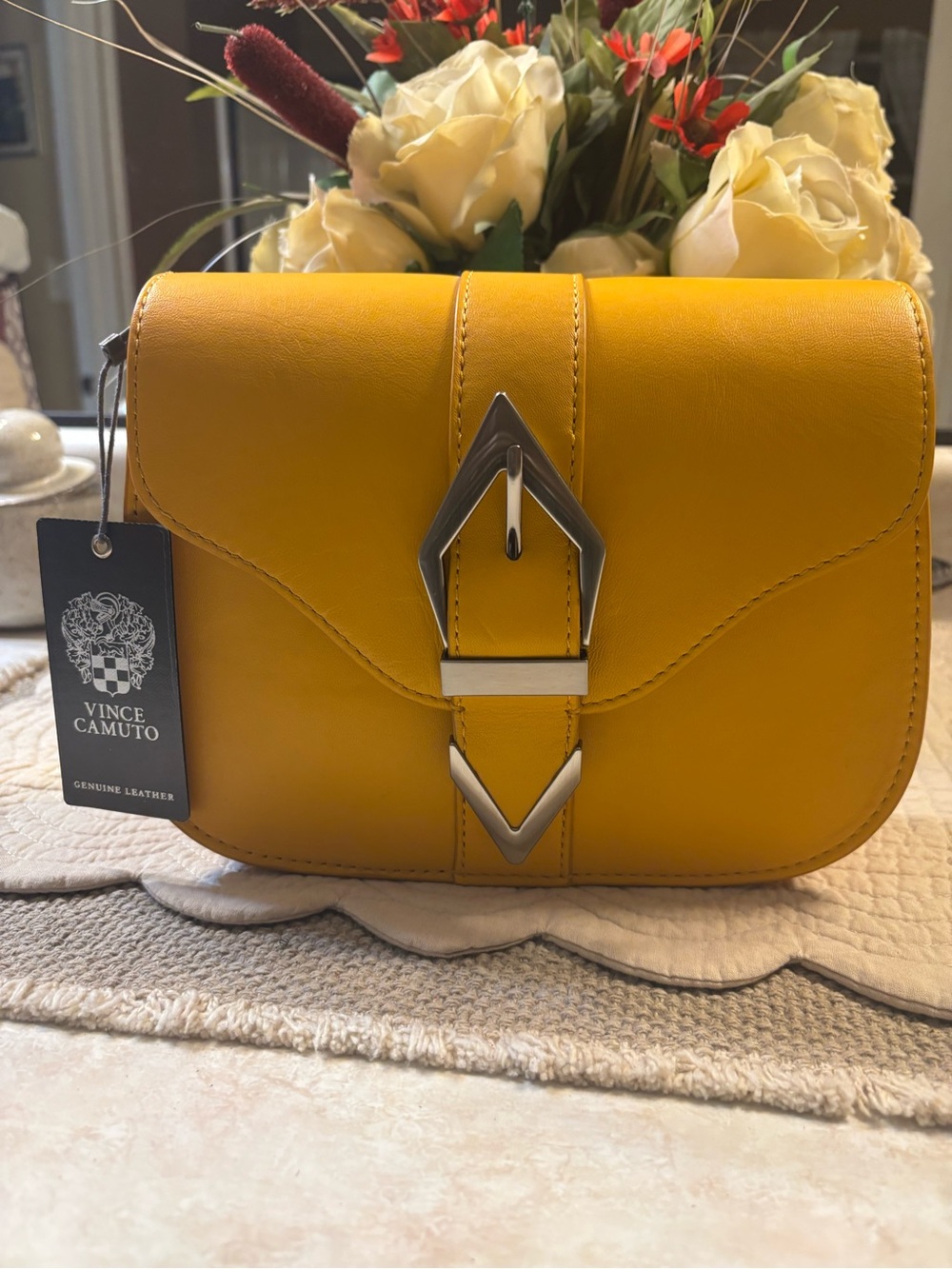 Vince Camuto Mustard Yellow Leather Crossbody with Geometric Silver Buckle